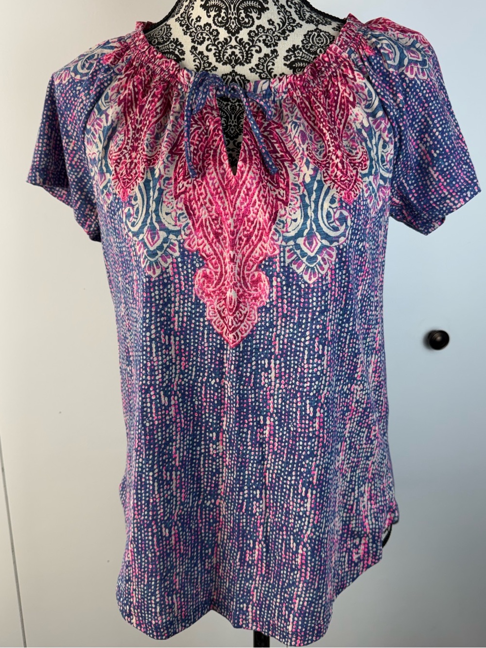 Women's Blue and Pink Paisley Peasant Top tie front cottagecore boho